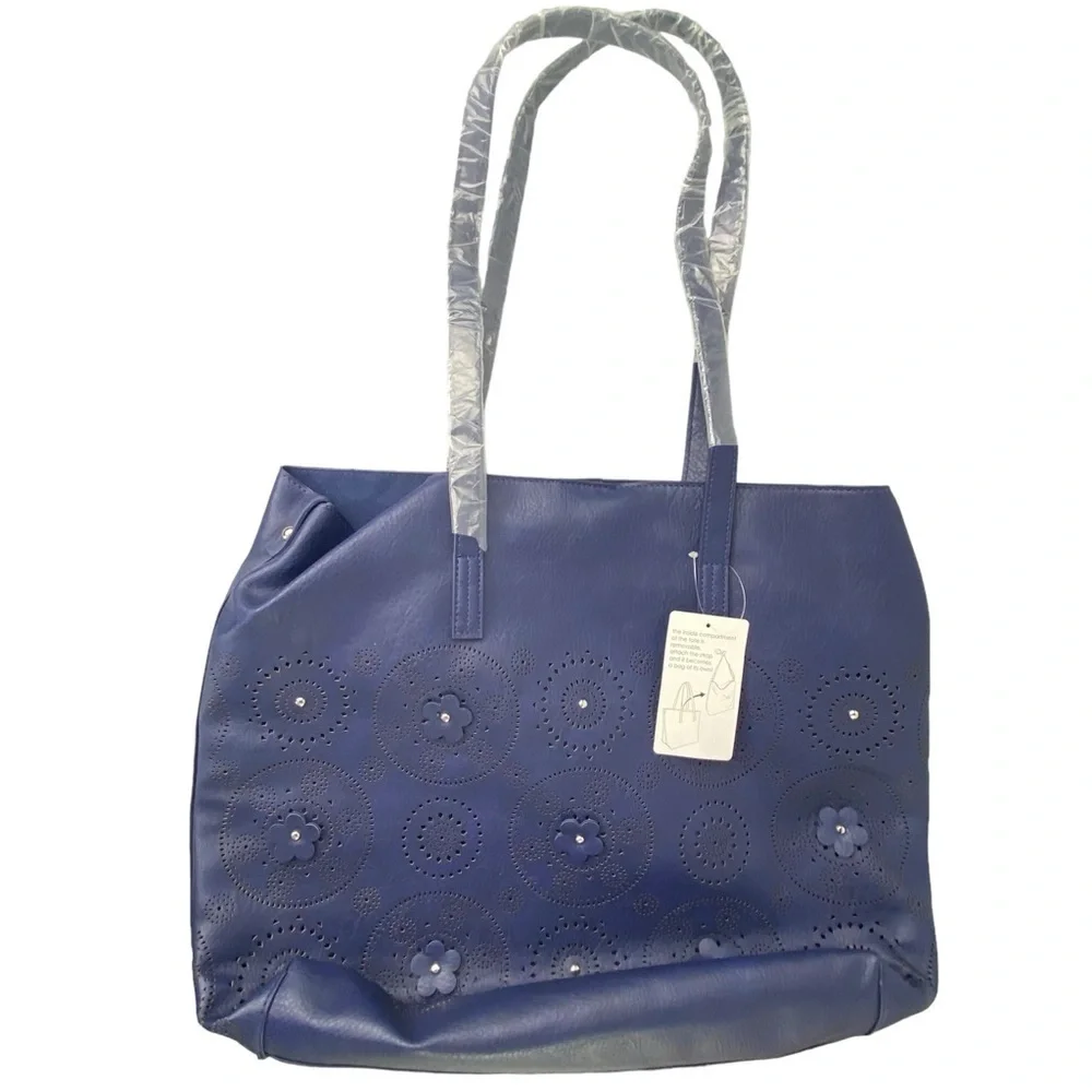 NWT Large Navy Blue Laser Cut Mandala Tote Bag with Removable Interior Crossbody